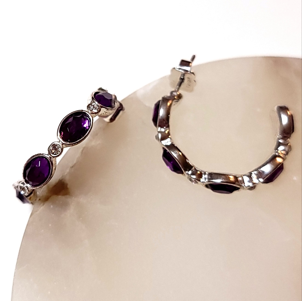 Avon Birthstone-Color Hoop Earrings February Amethyst Silver Tone Rhinestone - Picture 3 of 16